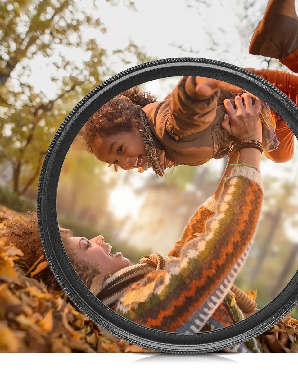 Composite lifestyle image of a woman holding her child outdoors, demonstrating the purpose of a lens brand's ND filter